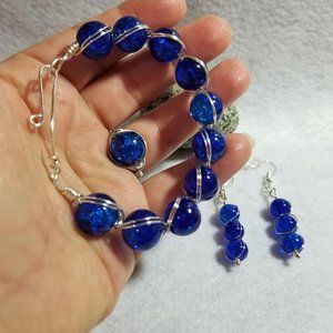 Silver Wire Wrapped Bracelet Ring Earrings Set